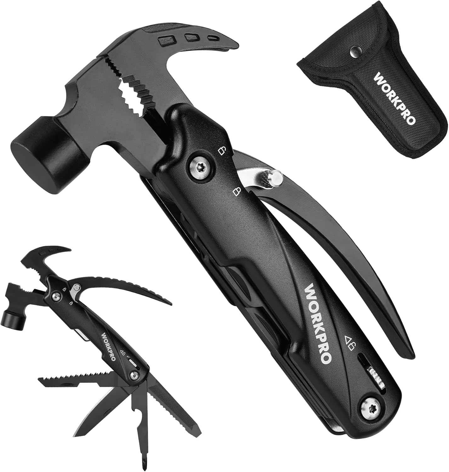 WORKPRO Multitool-Herramientas de camping 12 en 1 con mini martillo-EDC Gear Multi Herramientas Martillo con bloqueo de seguridad y bolsa, Mini