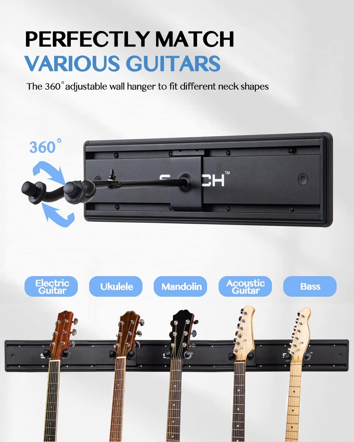 STRICH Perchas de montaje en pared para múltiples guitarras, capacidad para 5 guitarras, soporte de metal de aluminio fuerte para guitarra, soporte