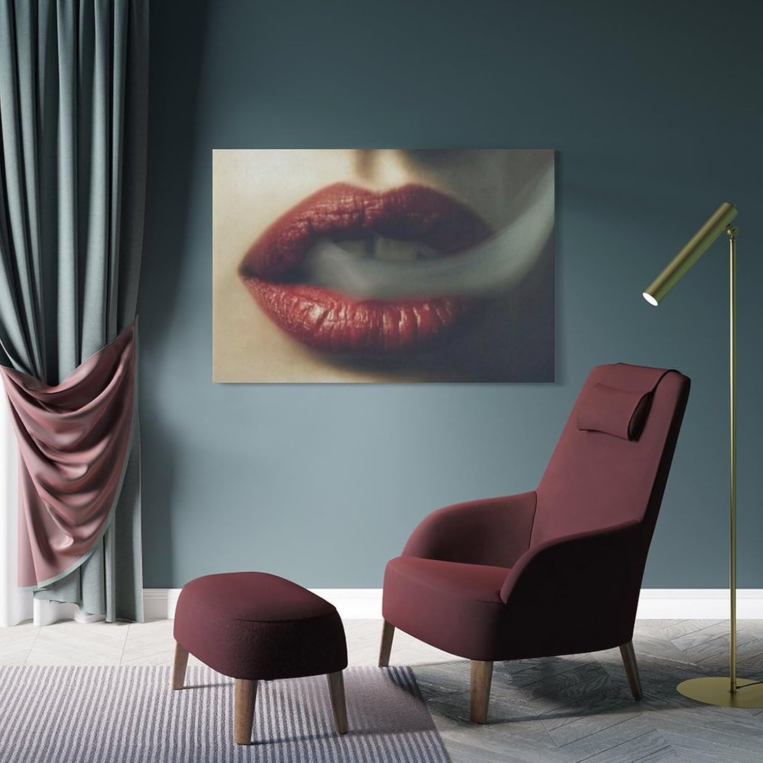 Pósteres modernos de arte de pared, póster de arte de moda con labios rojos, mujer, fumar, póster de arte de cueva de hombre, pósteres e impresiones