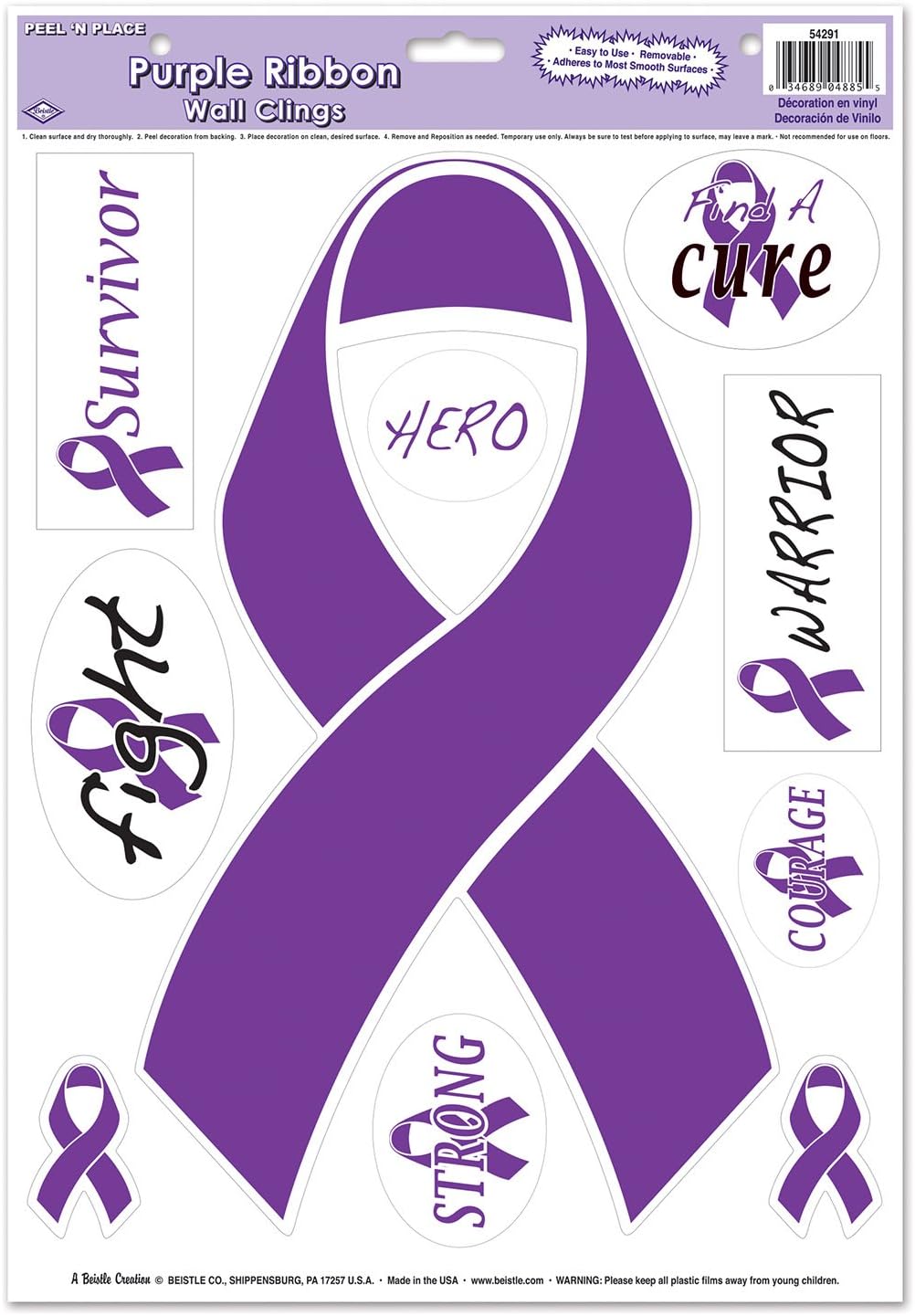 Beistle 54291 Find A Cure – Adhesivos de pared con logotipo de Find A Cure, 1 lámina, moradoblanconegro
