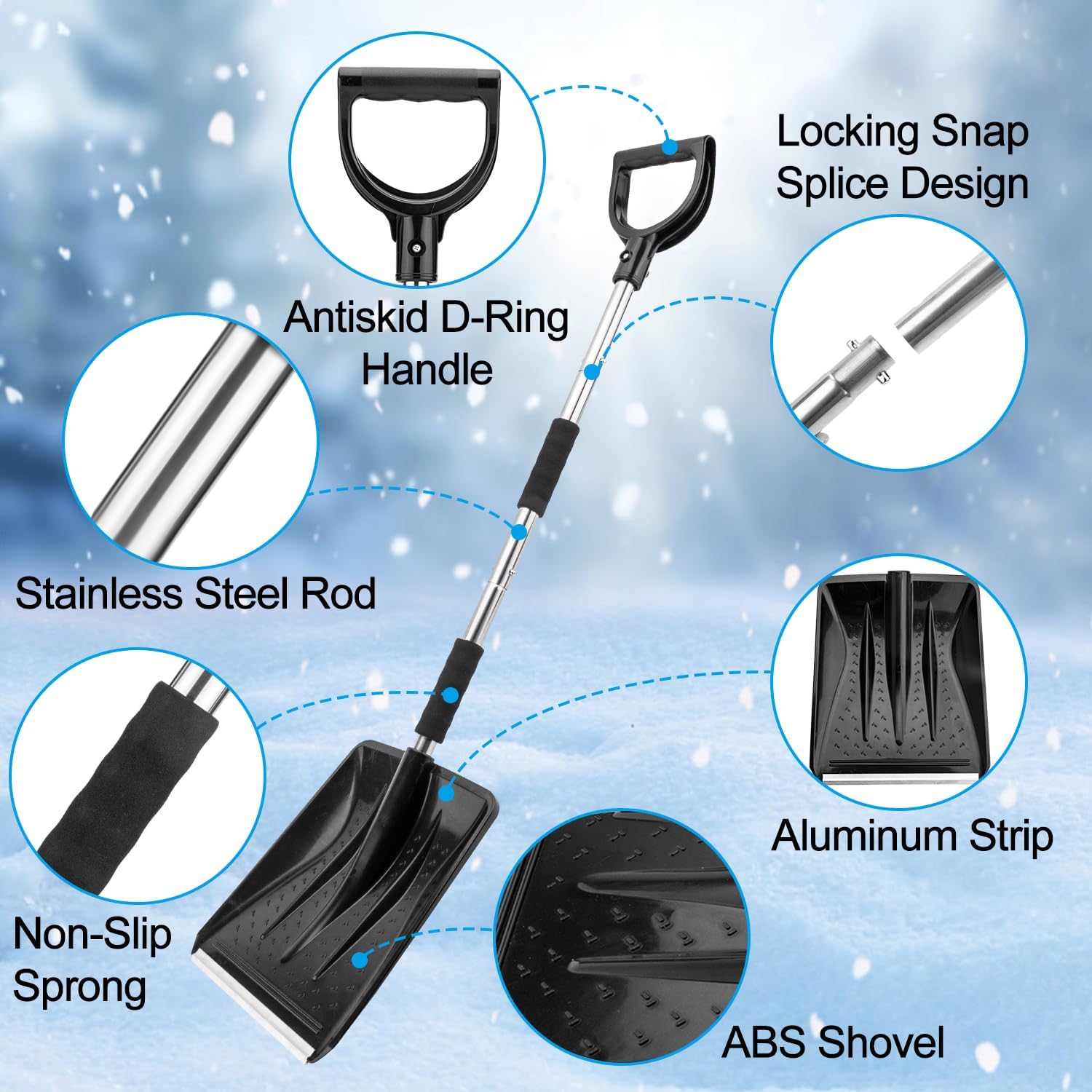 LESOLEIL Kit de pala de nieve, pala de nieve 3 en 1 con raspador de hielo y cepillo de nieve, kit portátil de eliminación de nieve de acero
