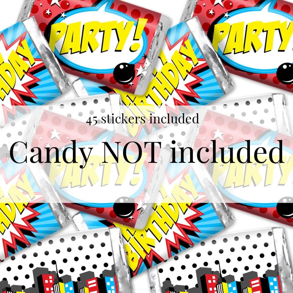 AmandaCreation – Mini envoltorios de calcomanías de chocolate para niños, 45 etiquetas envolventes envolventes de 1.4 x 2.6 pulgadas de Super Hero,