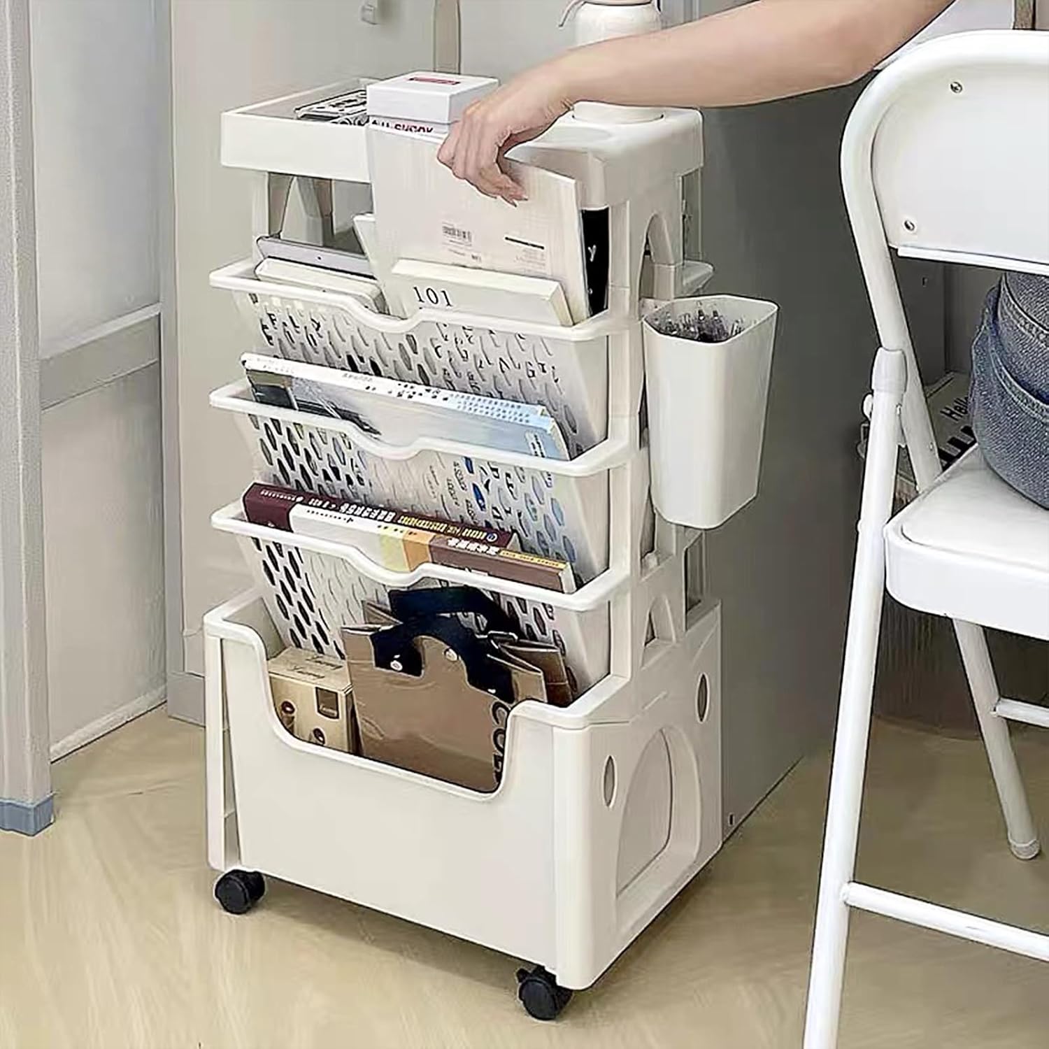 Estantería de almacenamiento de 5 niveles, estantería extraíble movible única, organizador de utilidad, estantes blancos con ruedas para
