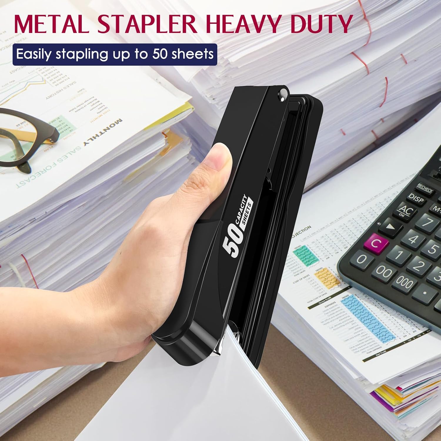 Engrapadora de metal resistente con capacidad de 50 hojas con 1750 grapas y removedor de grapas, grapadoras de tira completa para escritorio, sin