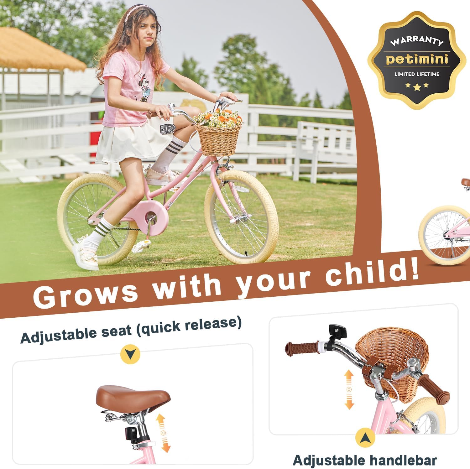 Petimini Bicicleta para niñas con cesta para niños de 2 a 12 años, bicicleta de 12, 14, 16, 18 y 20 pulgadas, con ruedas de entrenamiento de