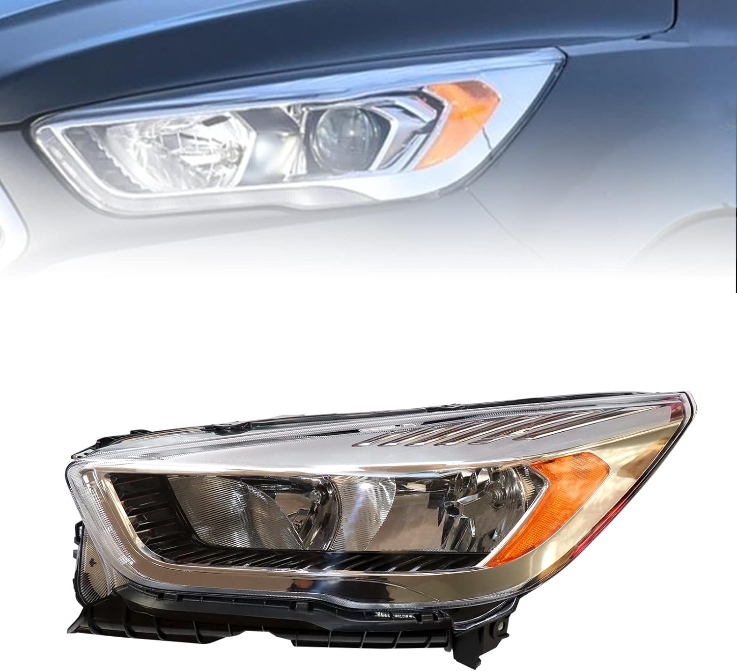 CNCEST Faros delanteros halógenos cromados sin LED DRL, ajuste directo, carcasa cromada, lente transparente para modelos Ford Escape 2017-2019, lado