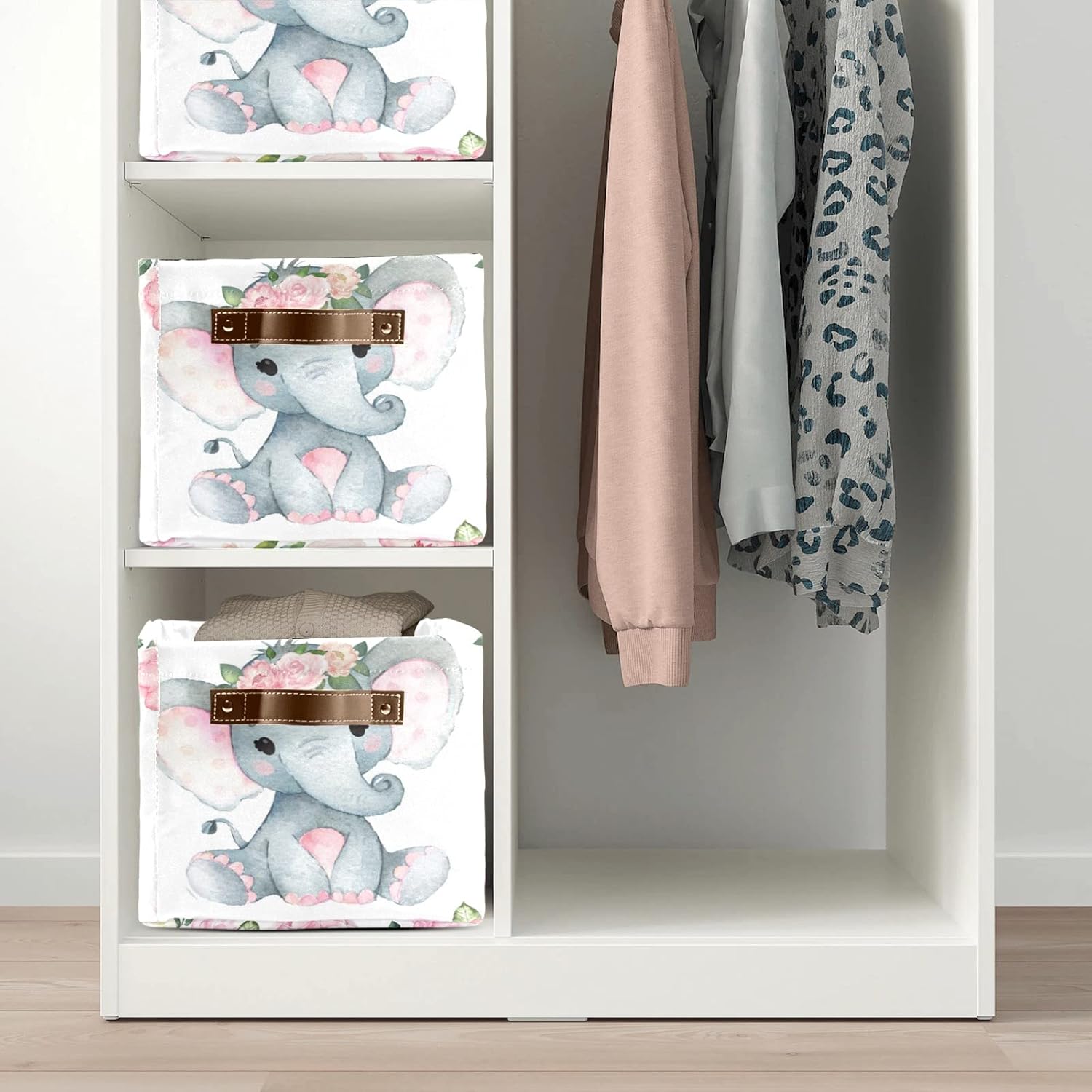 Contenedor de almacenamiento personalizado con diseño floral rosa de elefante bebé con nombre, impermeable, con asas, para cestas de regalo, bolsa