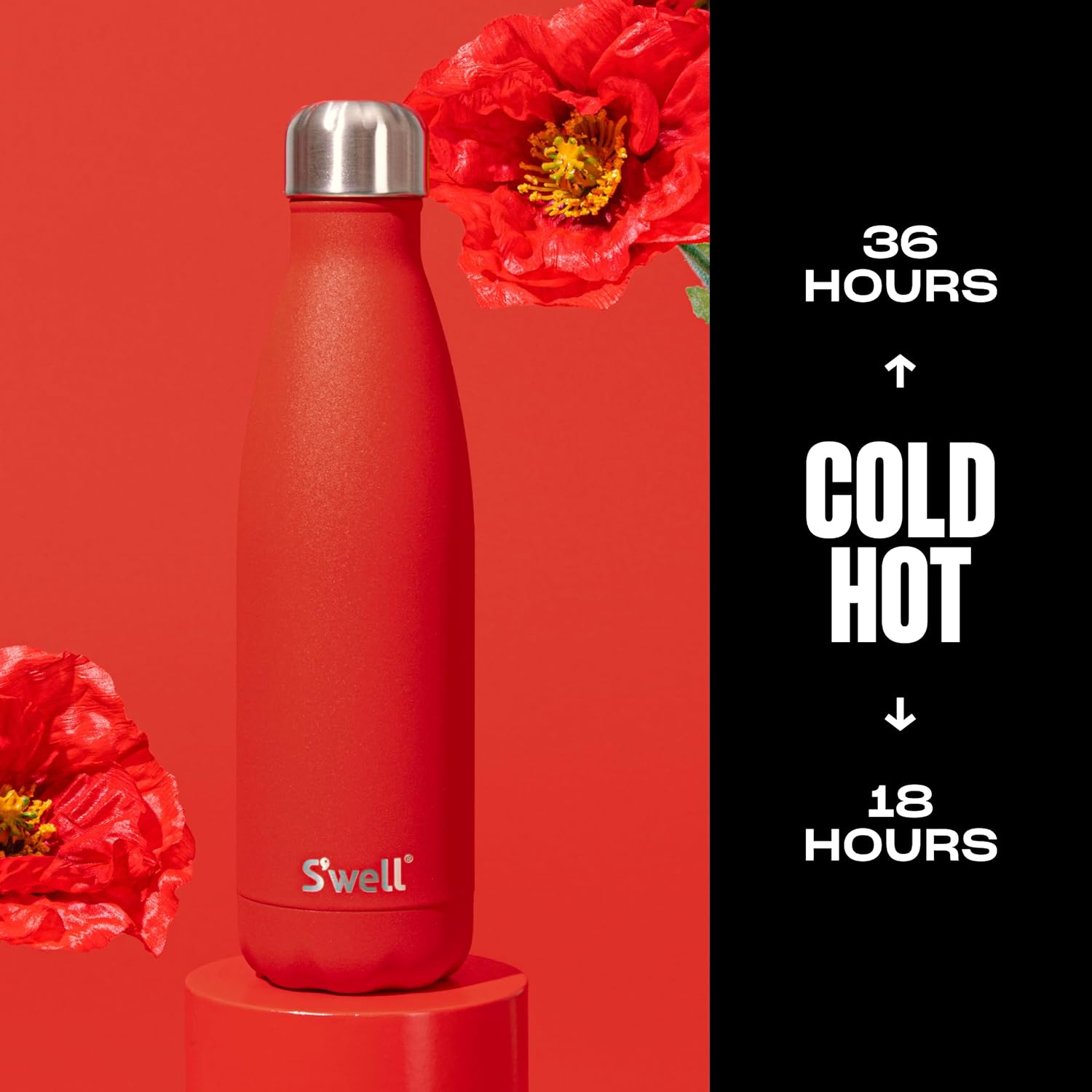 S’well Botella de agua de acero inoxidable, 17 onzas, color rojo amapola, recipientes aislados al vacío de triple capa que mantiene las bebidas