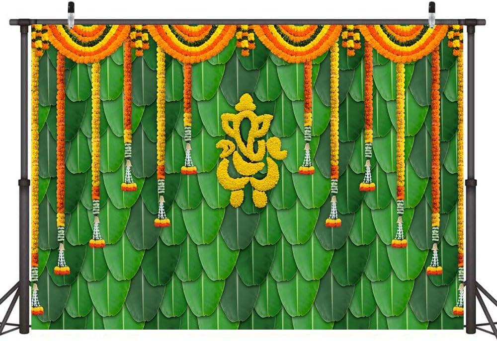 Ticuenicoa Fondo de fotografía tradicional India Pooja de 6 x 4 pies, diseño de hojas de plátano, fondo verde Chatiya Ganesh, caléndula Puja
