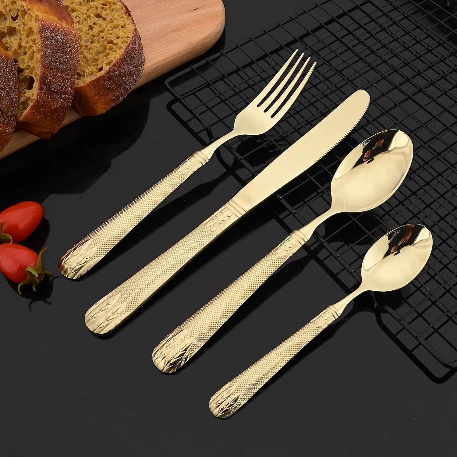 JASHII Champagne Gold – Juego de cubiertos de acero inoxidable 304 para 4, con orejas de trigo vintage en relieve, mango plano pulido espejo, apto