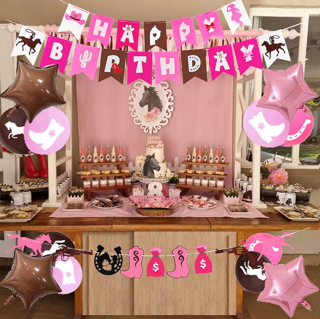 Decoraciones de fiesta de cumpleaños con temática de vaquera occidental, color rosa y marrón para niñas, pancarta de guirnalda de caballo de