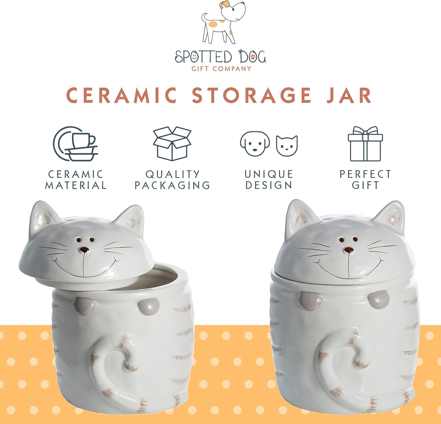 SPOTTED DOG GIFT COMPANY Recipiente de cocina para gatos para encimera, tarro de cerámica para almacenamiento de alimentos con tapa, lindo