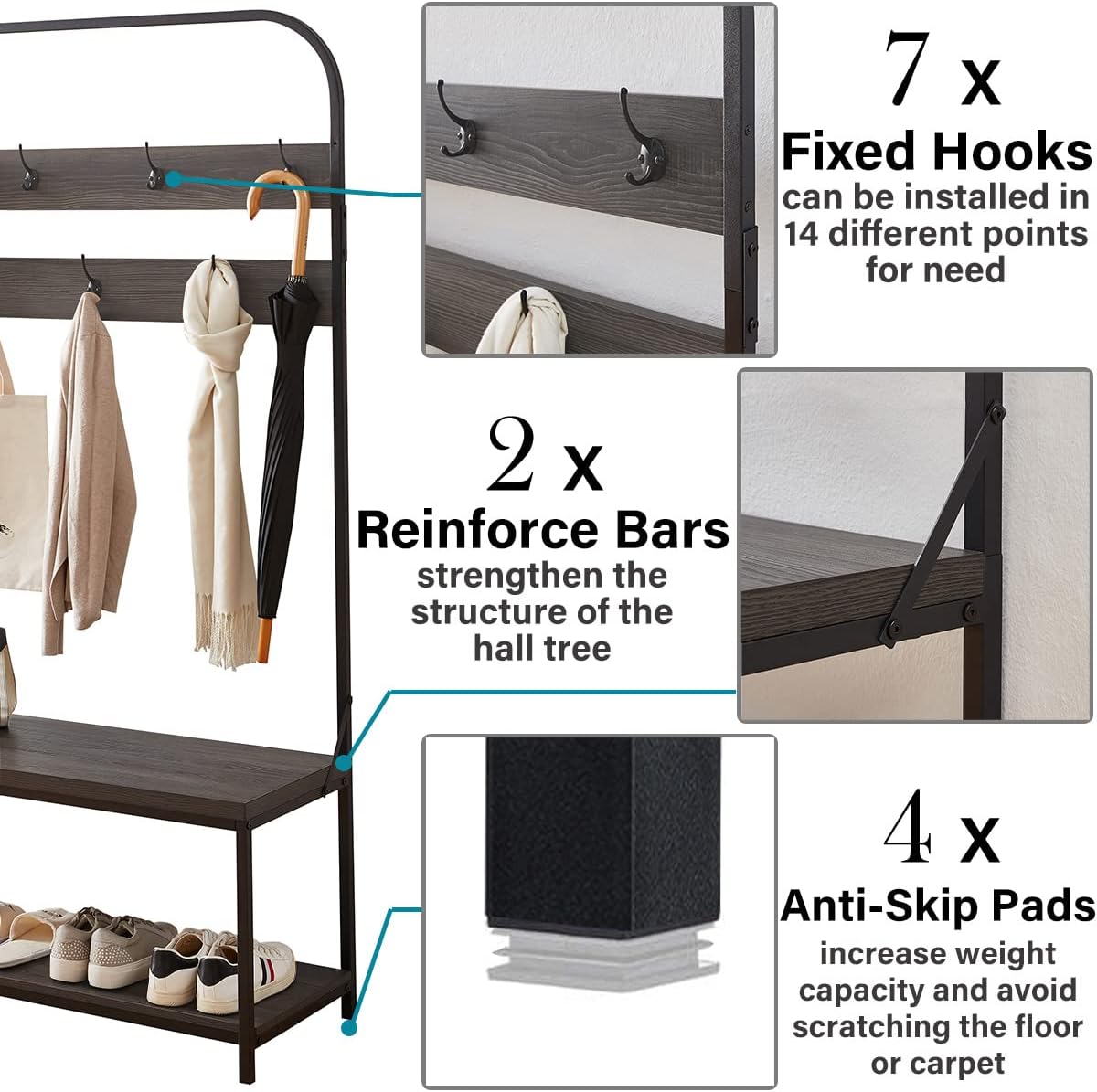 IBF Perchero con banco de zapatos, árbol de pasillo 3 en 1 con banco de almacenamiento para entrada, árbol industrial de metal y madera con estante