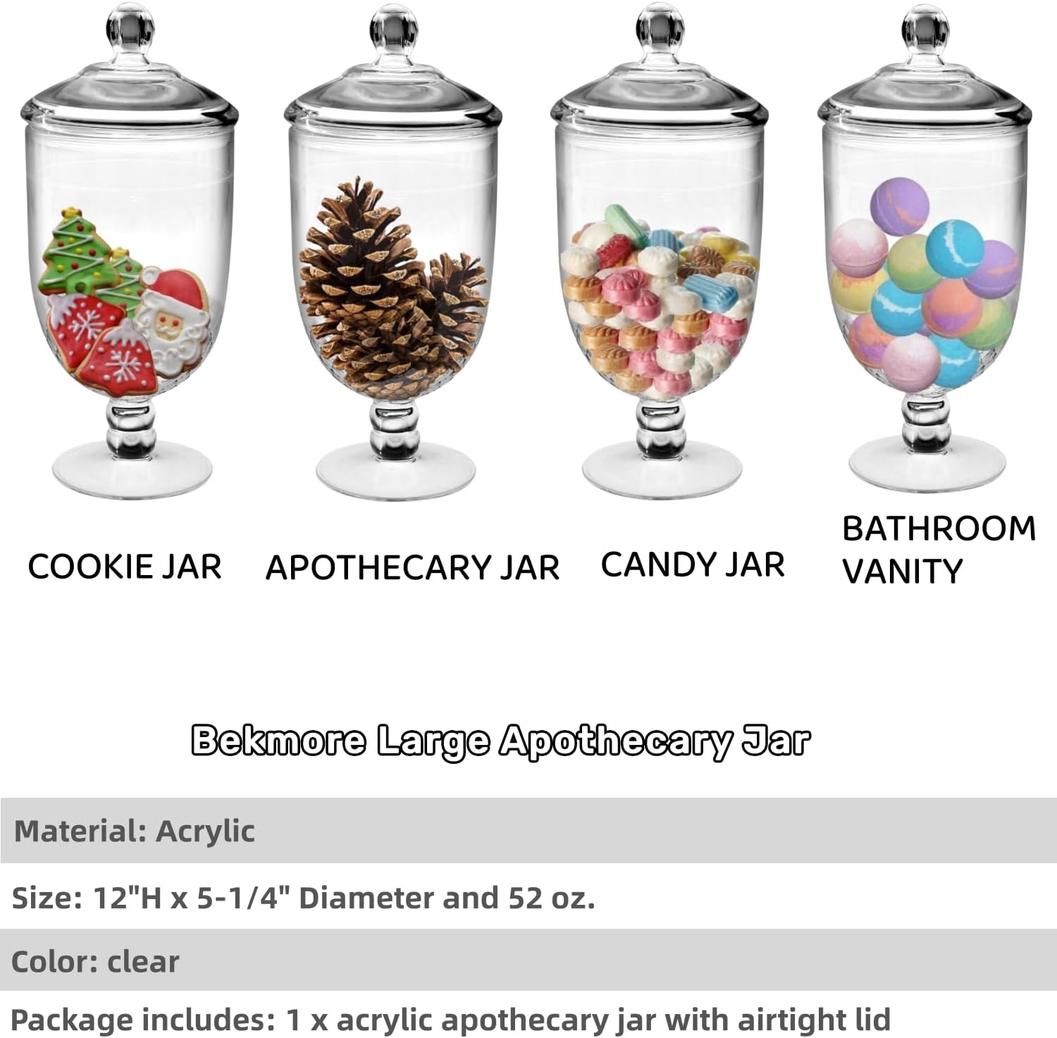 Tarro de boticario grande con tapa hermética en acrílico de alta calidad, decorativo para bodas, bufé de dulces, resistente a roturas y sin BPA, 52
