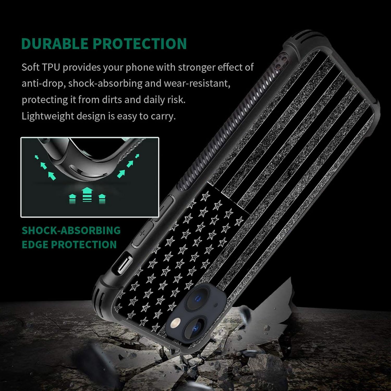 ZHEGAILIAN Funda compatible con iPhone 15 Plus, fundas de bandera estadounidense en blanco y negro, parte trasera de vidrio templado+funda