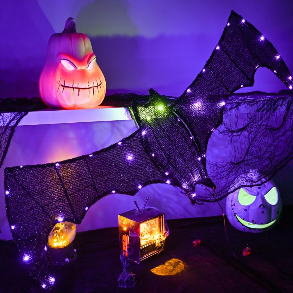 Decoración de murciélago colgante de Halloween, murciélago con purpurina con 45 luces moradas para Halloween, pared, puerta delantera, porche,