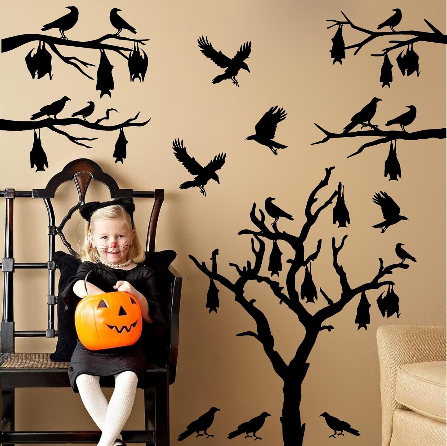 Calcomanías grandes para ventana de Halloween, árbol de Halloween, calcomanías de pared de murciélagos, calcomanías de cuervo de pájaro negro,