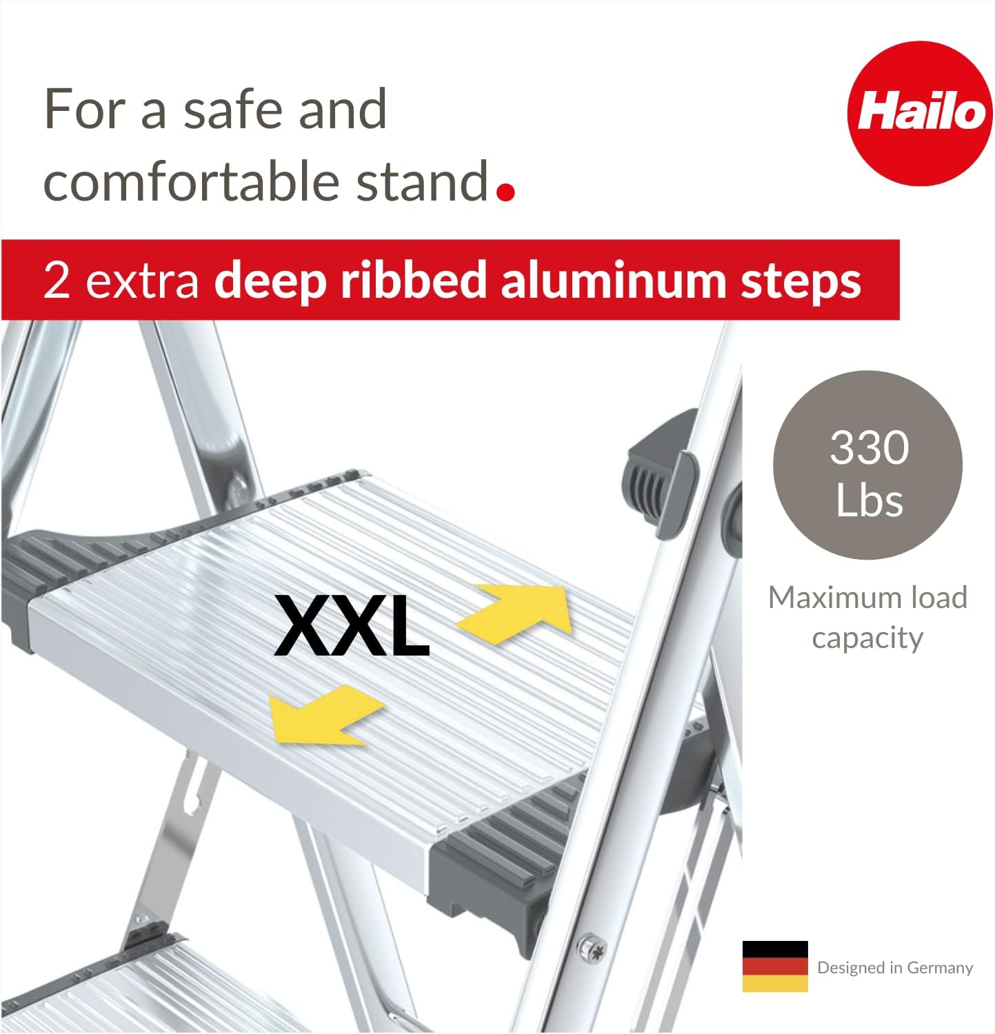 Hailo LivingStep Comfort Plus  Escalera plegable de aluminio  Dos escalones extra grandes  Escalera con barra de seguridad alta curva y bandeja de