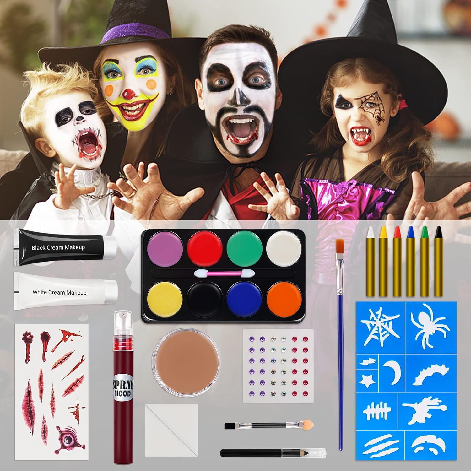 Kit de maquillaje de Halloween, pintura facial de esqueleto blanco y negro, paleta de maquillaje de bruja payaso, maquillaje de zombi vampiro para