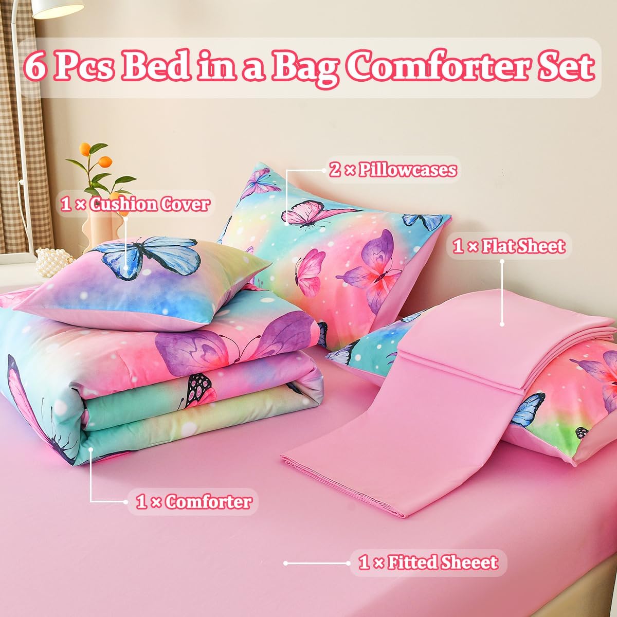Tasselily Juego de ropa de cama de mariposa tamaño matrimonial, juego de edredón de mariposa rosa para niñas, niños y adolescentes, 6 piezas de cama