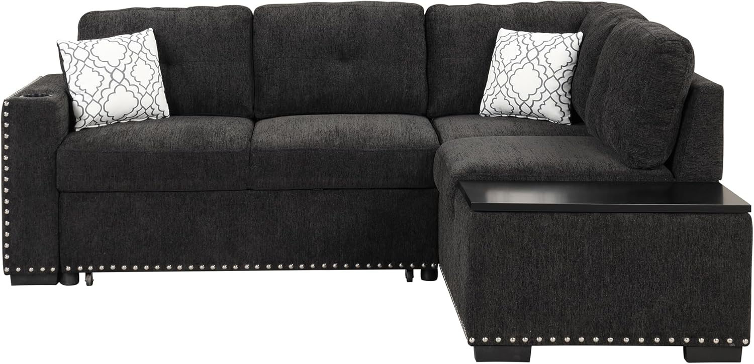 Sofá cama modular reversible de 83.8 pulgadas con diván de almacenamiento, sofá esquinero en forma de L con puertos USB y enchufes de corriente,