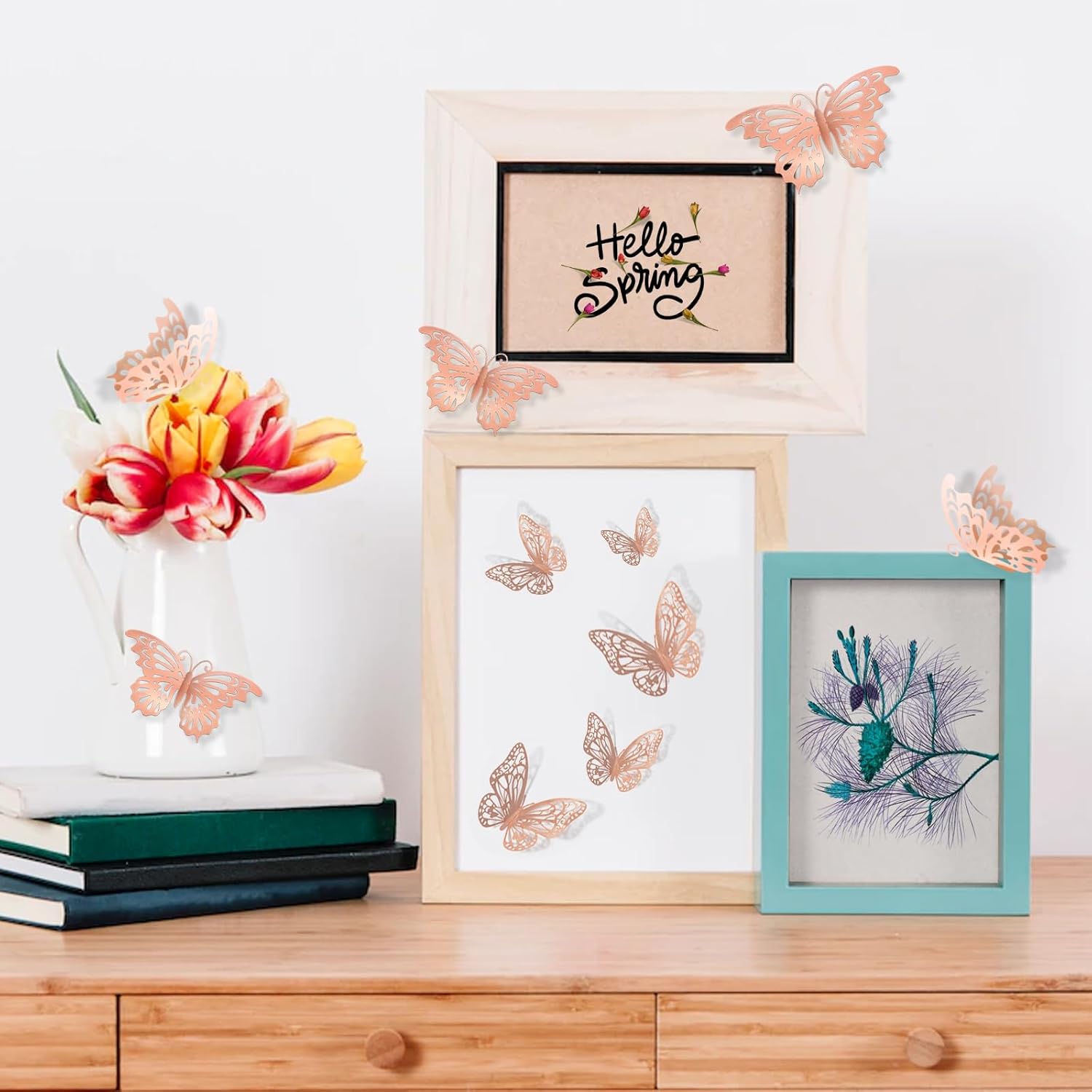 72 decoraciones de mariposa de oro rosa, decoración de mariposa 3D con 3 estilos 3 tamaños, calcomanías extraíbles de mariposa de oro rosa para