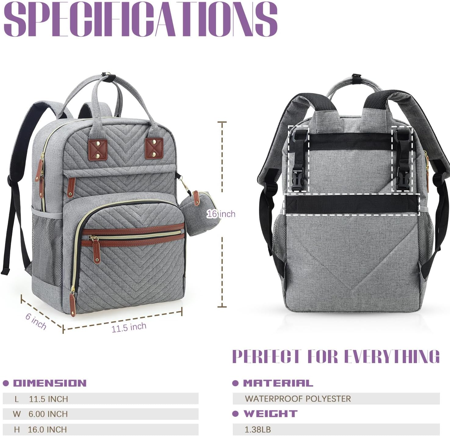 Mochila para pañales, esenciales para bebés, mochila impermeable multifunción con correas para cochecito y estuche para chupete, Gris, Mochilas de