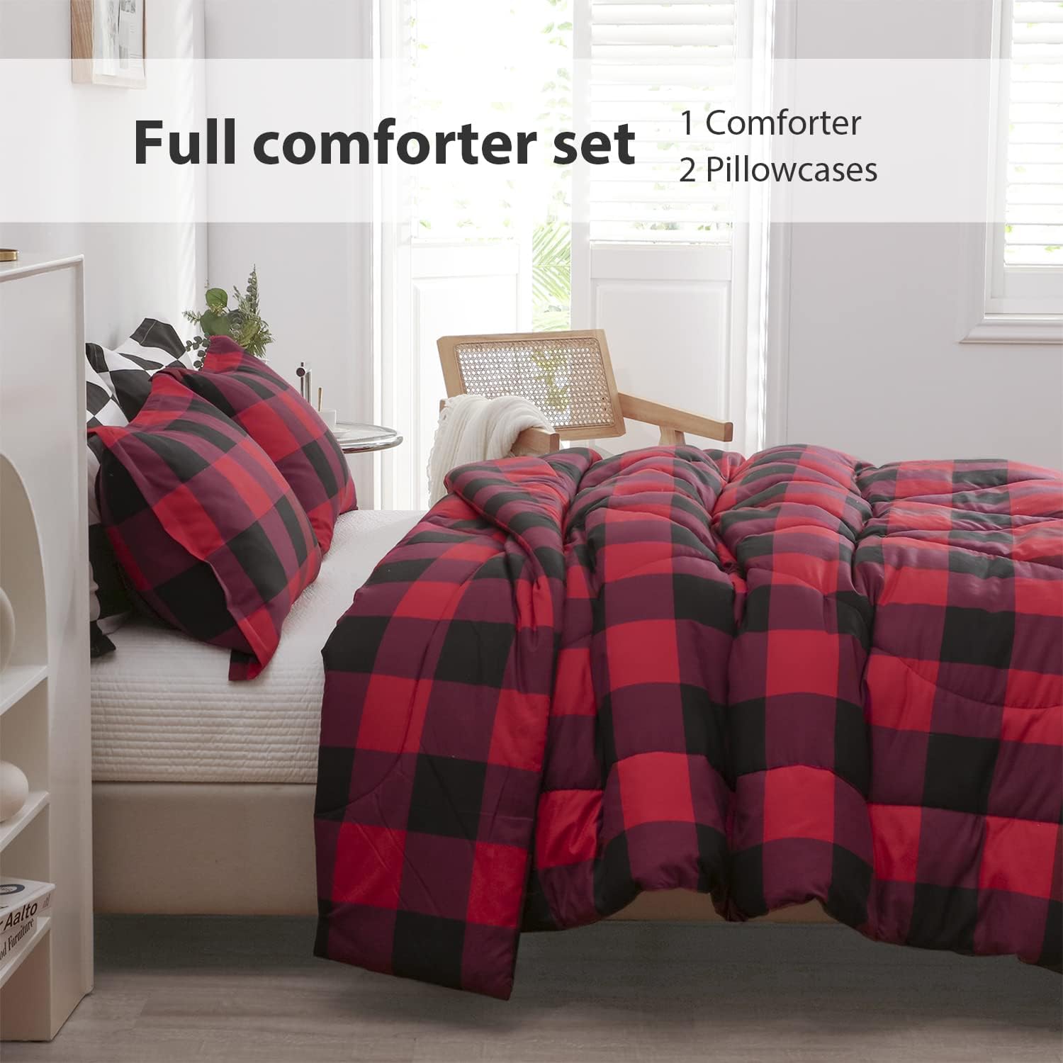 LUCKYBULL Juego de edredón tamaño matrimonial de 3 piezas, juego de ropa de cama esponjoso a cuadros rojos, edredón alternativo a cuadros de búfalo