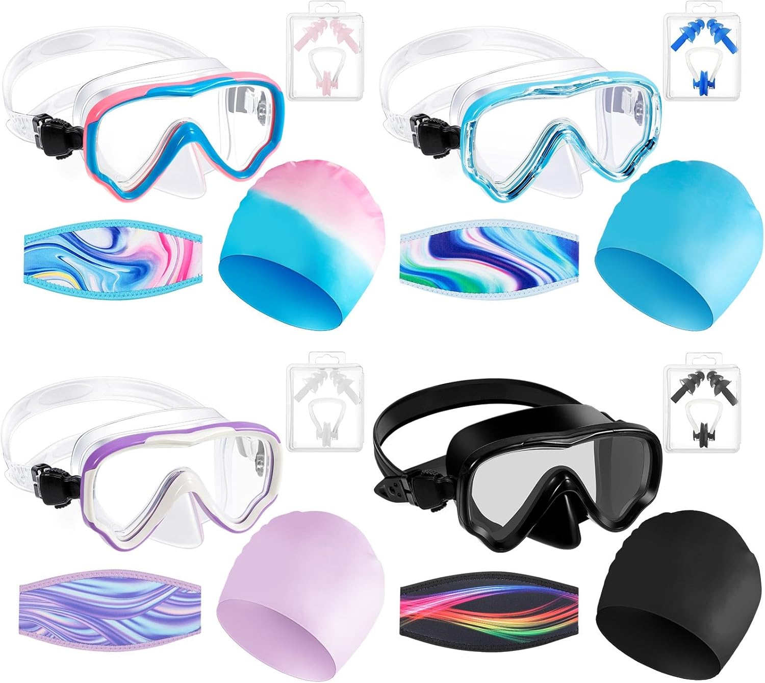 Fabbay 4 pares de gafas de esnórquel para niños, máscara de esnórquel con cubierta para la nariz, 4 piezas de neopreno para correa de neopreno, 4