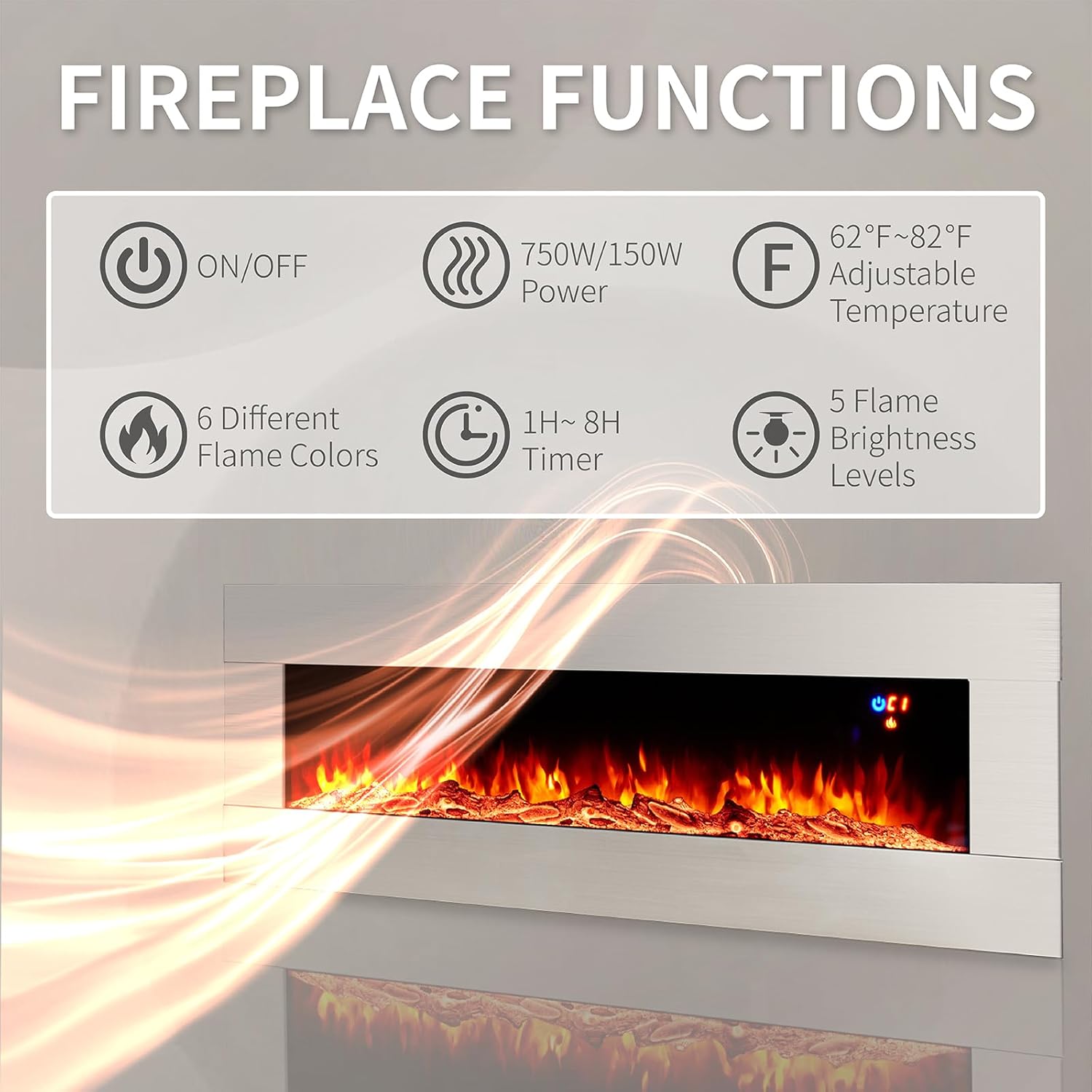 AMERLIFE Chimenea eléctrica de montaje en pared de 60 pulgadas con control remoto, calentador flotante de pared con colores de llama ajustables y