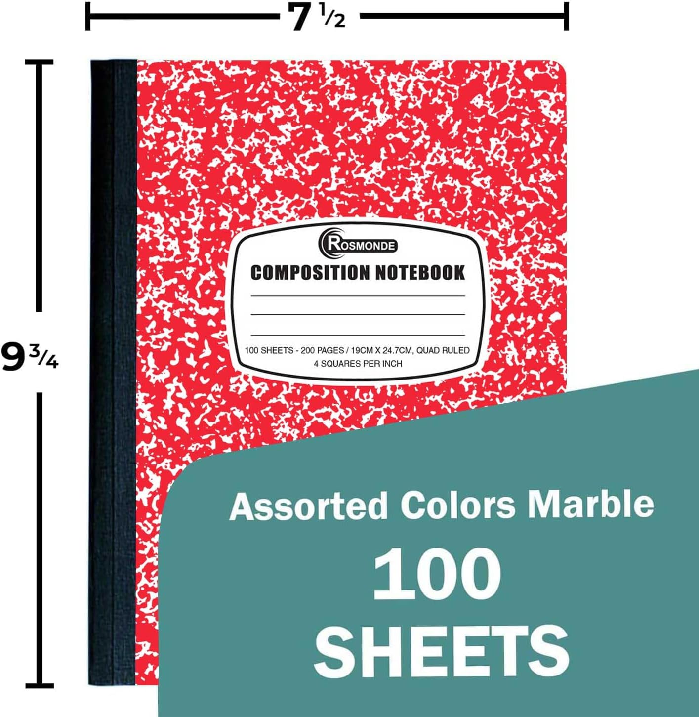 Cuaderno de composición de papel cuadriculado, paquete de 5, 200 páginas (100 hojas), cuaderno de composición a rayas cuádruples, libro de