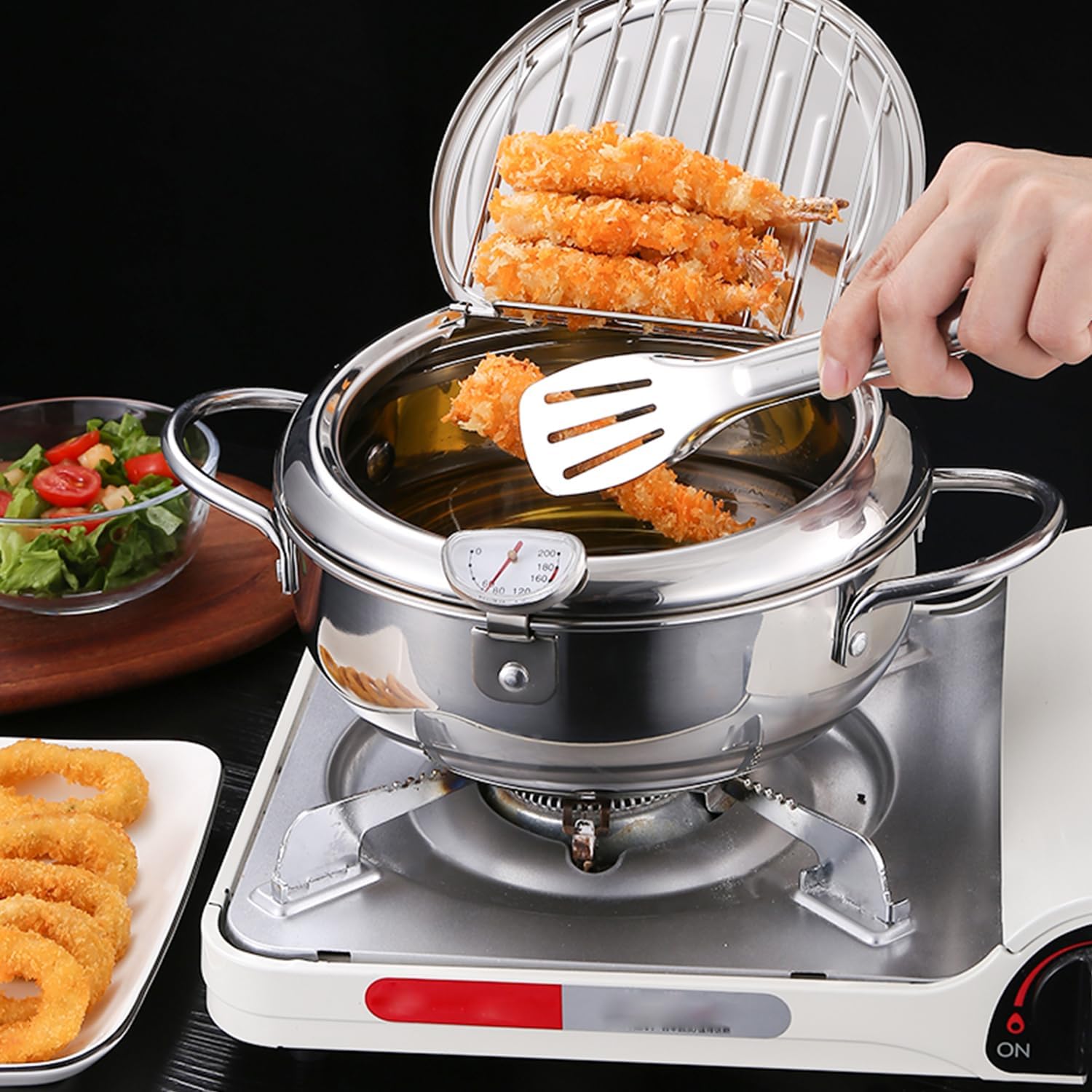 Olla japonesa de acero inoxidable 304 de 2.2 litros, estilo Janpanese Tempura con tapa, con control de temperatura, escurridor de aceite o pollo