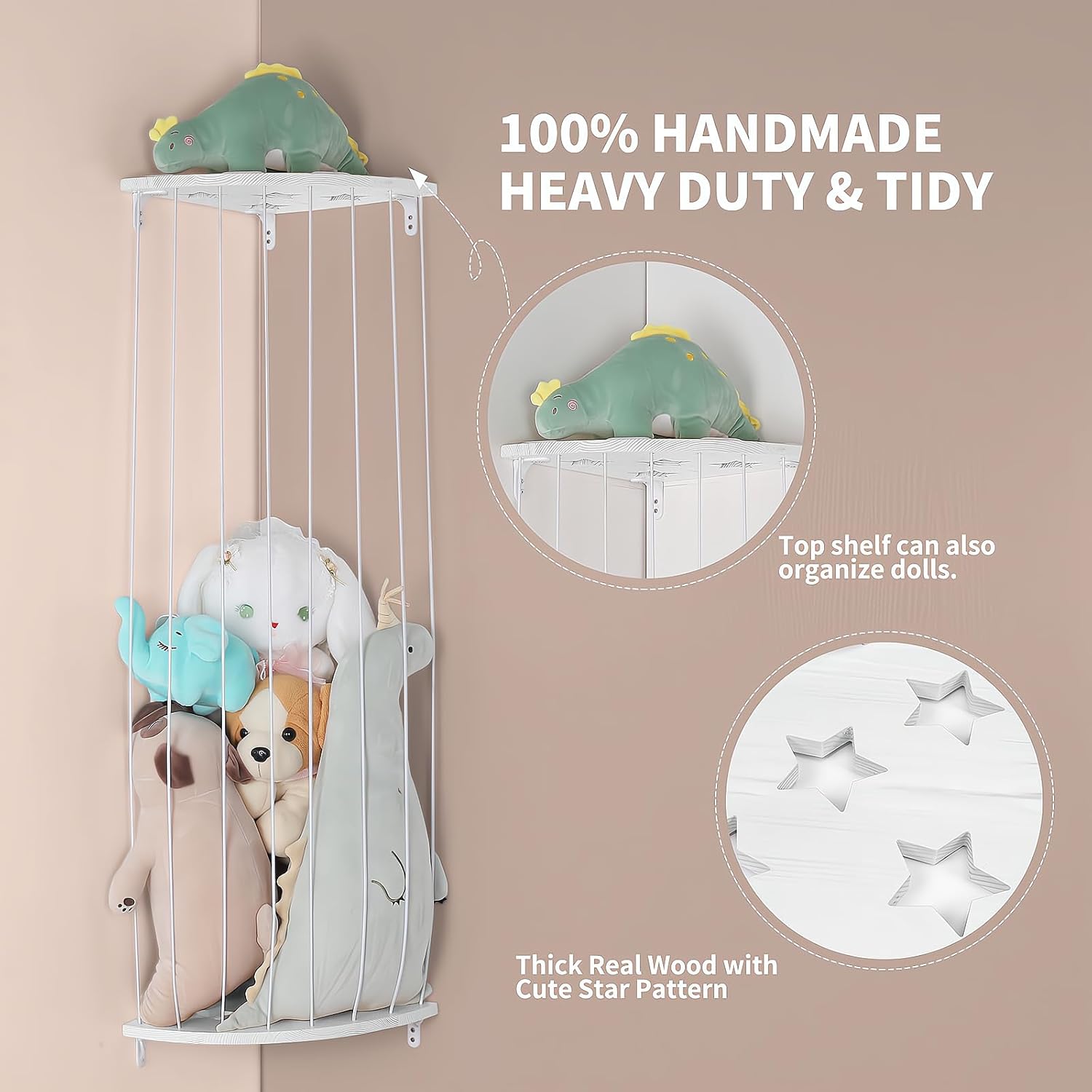 Soporte de madera para almacenamiento de animales de peluche con patrón de estrella, longitud ajustable, grande, organizador de juguetes de peluche