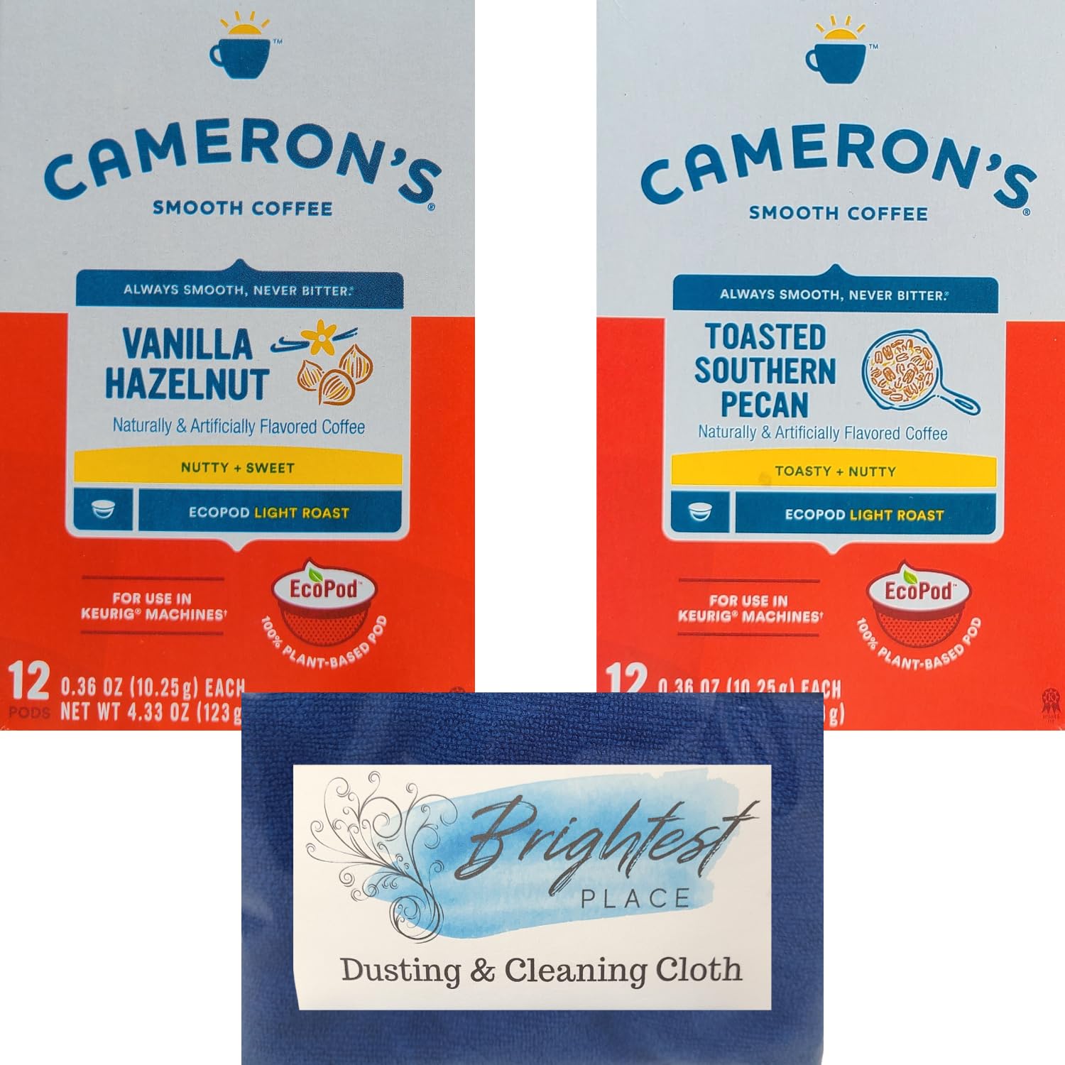 Paquete variado de cápsulas ecológicas K-Cup de café con nuez de nuez de nuez y nuez con paño Brightest Place Clean Up y 2 cajas de café Cameron en