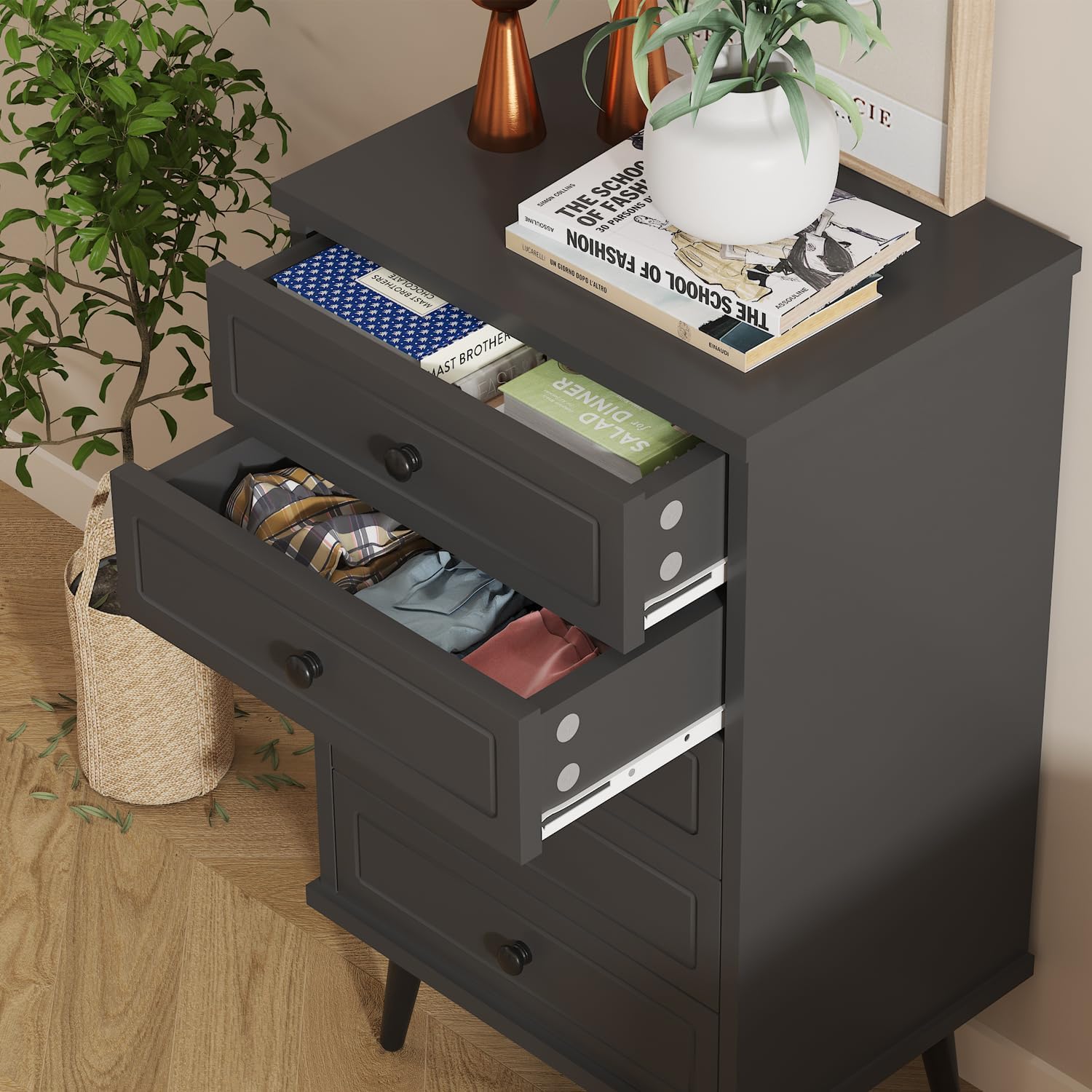 Function Home Cómoda con 5 cajones, cómoda de almacenamiento de madera con dispositivo anti-caída para baño, dormitorio, sala de estar y armario