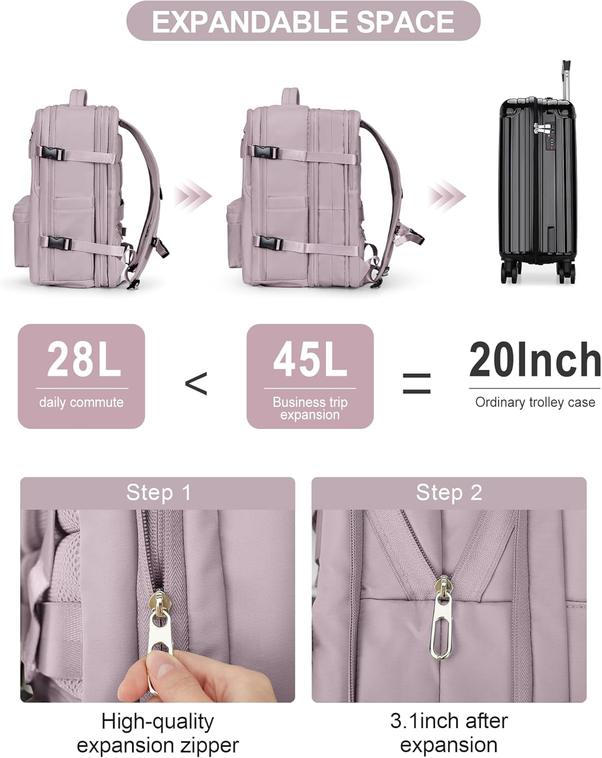 VECAVE Mochila de viaje para laptop, mochila aprobada para vuelos,Mochila deportiva para universidad casual, J-rosa-2