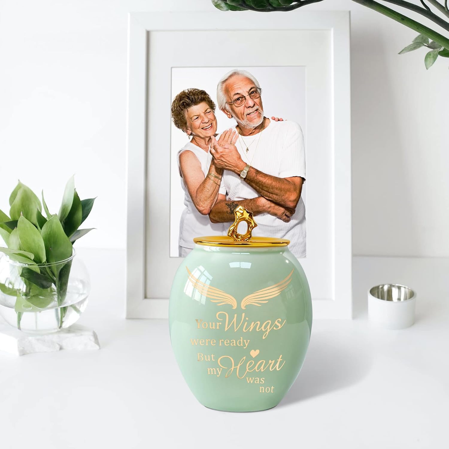 Urna mediana para cenizas humanas, urna de cremación para cenizas para mujeres, urnas verdes de cerámica para cenizas humanas, hombres adultos, urna