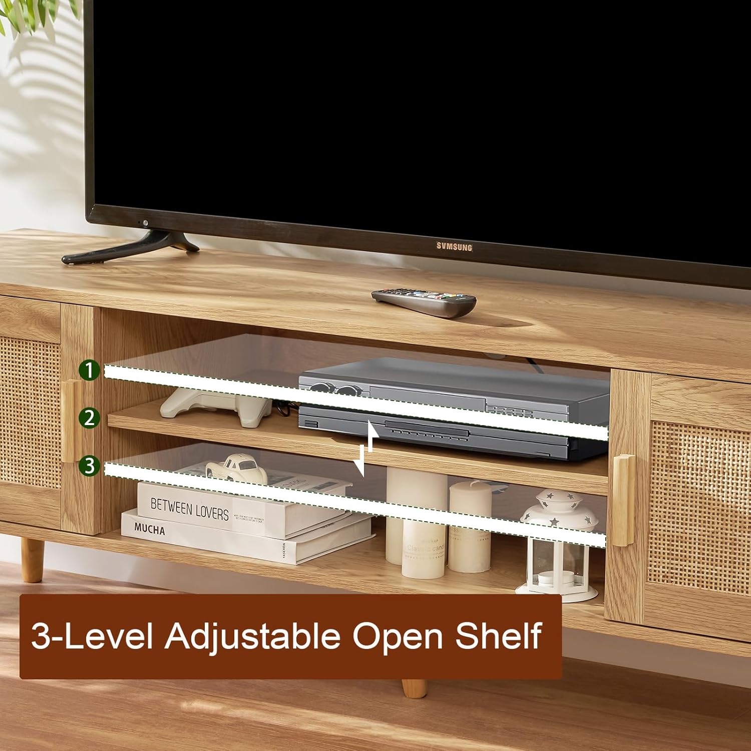 Iwell Soporte de TV bohemio de ratán para TV de 55, 65, 70 pulgadas, consola de TV grande, centro de entretenimiento con estante ajustable y 2
