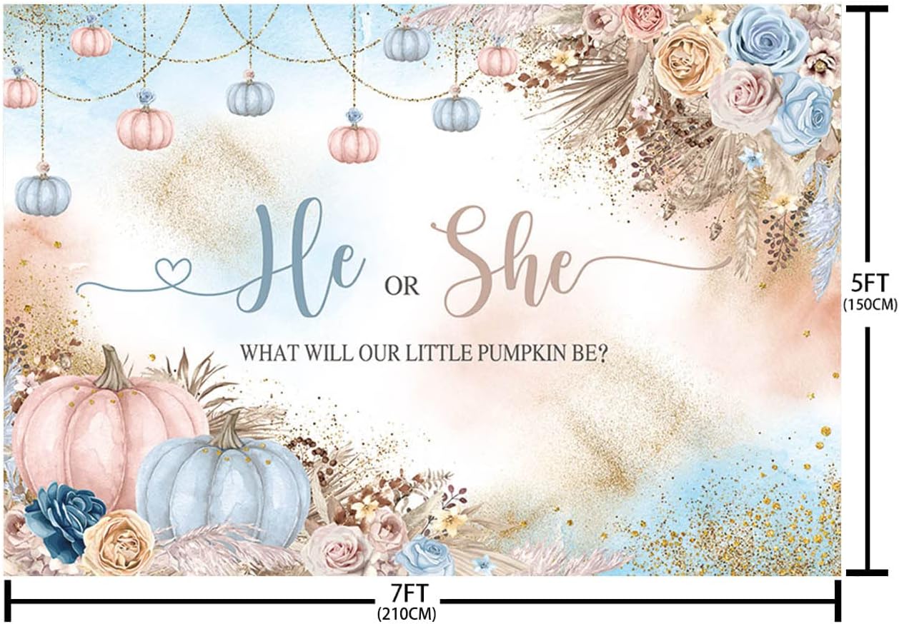 Telón de fondo de revelación de género de 7 x 5 pies con texto en inglés “He or She What Will Our Little Pumpkin Be Background”, color rosa y azul,