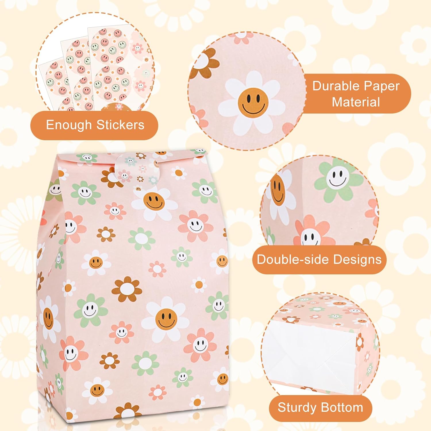 AnyDesign 24 bolsas de regalo de fiesta estilo bohemio vintage, 6 diseños de margaritas sonrientes, bolsas de regalo de papel con calcomanías,