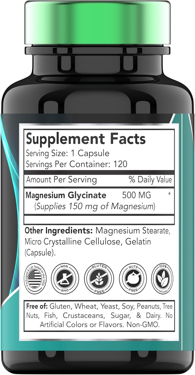 Glicinato de magnesio 500 mg por cápsula  120 unidades  Suministro de 4 meses  Suplemento de magnesio quelado puro para dormir, calma, nervios,