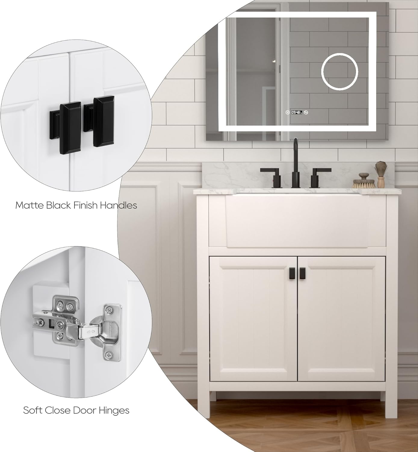 Tocador de baño con lavabo de 30 pulgadas, combo de gabinete de lavabo de baño en blanco, tocador de almacenamiento moderno con puerta de cierre
