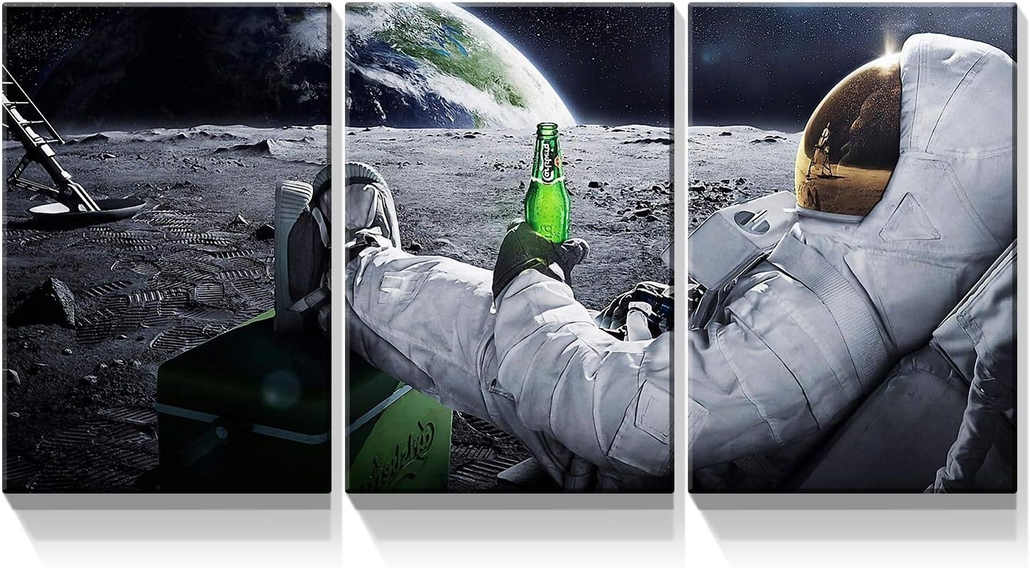 Denozer – Lienzo decorativo para pared de 3 piezas – Astronauta bebe cerveza en la luna, imágenes lunares abstractas, decoración del hogar,
