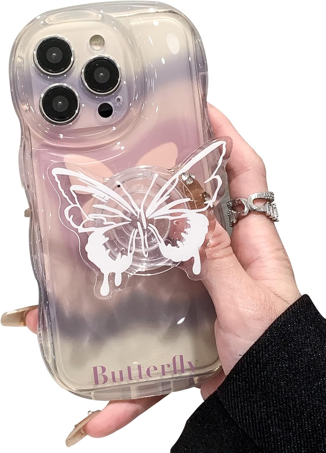 Aeilene Funda de teléfono con diseño de mariposa para iPhone 11 Pro Max, bonita funda de teléfono de mariposa 3D rosa transparente de Corea con