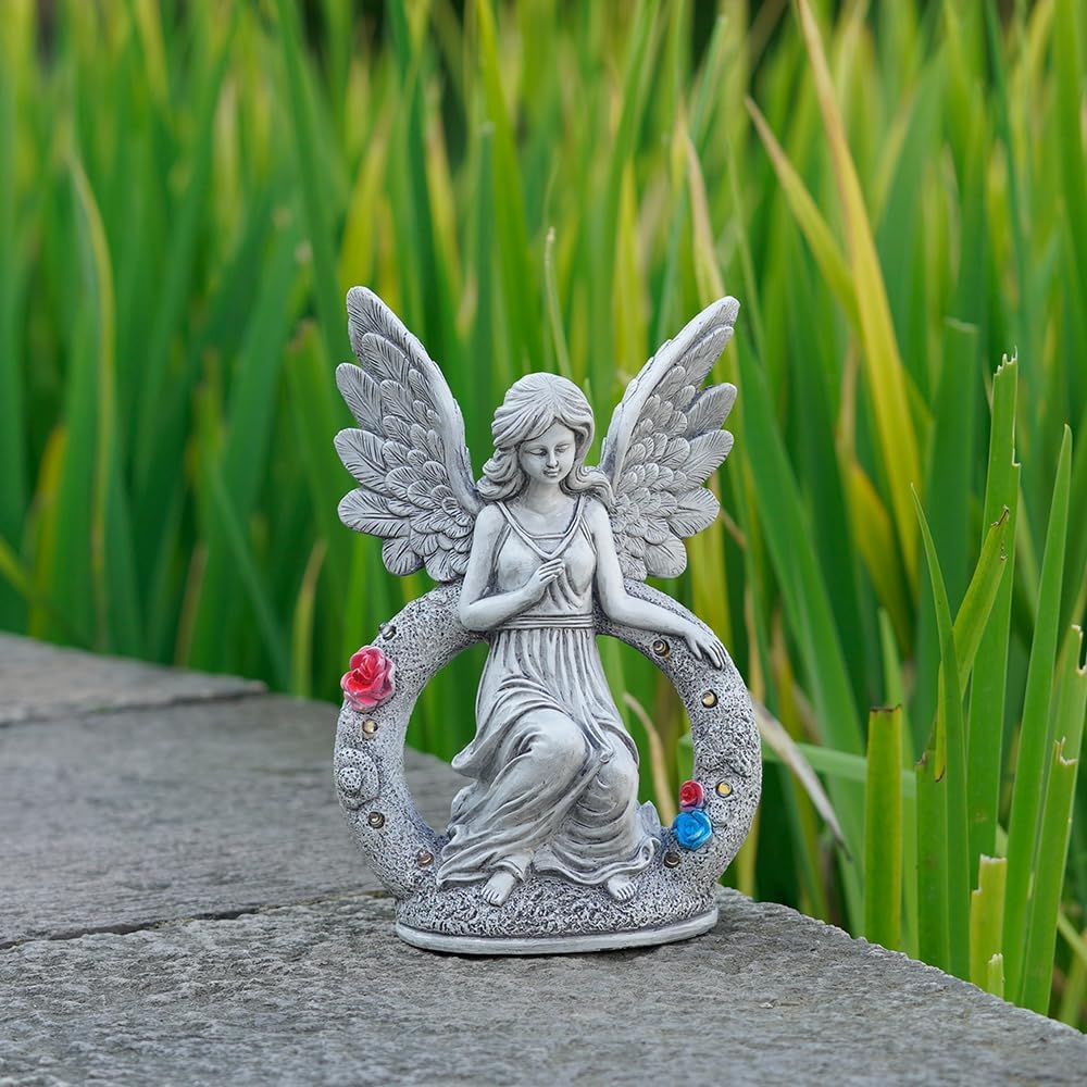 Estatuas solares de jardín de ángeles, 8 luces LED, figuras de ángel, decoración de arte al aire libre para jardines, mamá, patios, balcones,