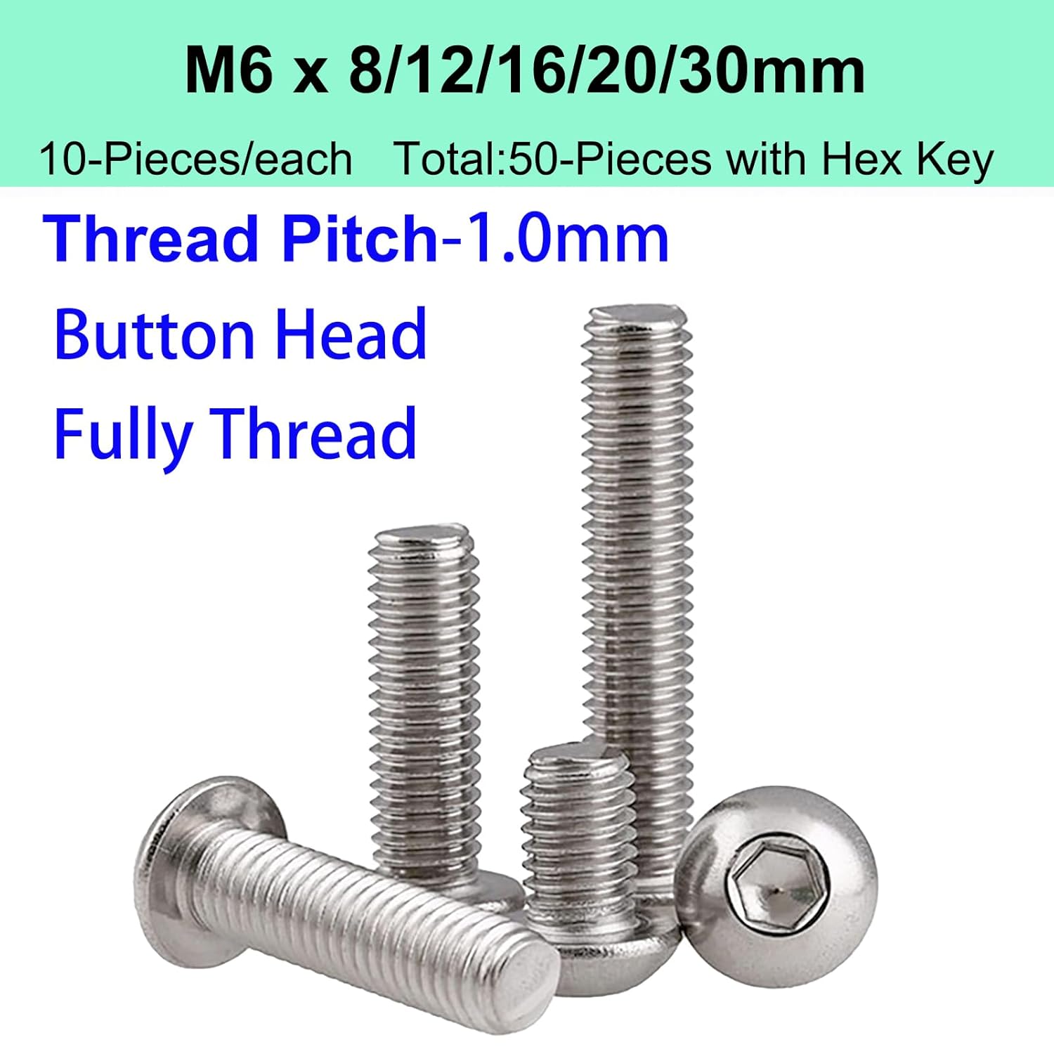 50 tornillos hexagonales de cabeza de botón, 304 (18-8), acero inoxidable 304 (18-8), métrico M6 x 81216201.181 in Allen Head Hex Drive Tornillos de