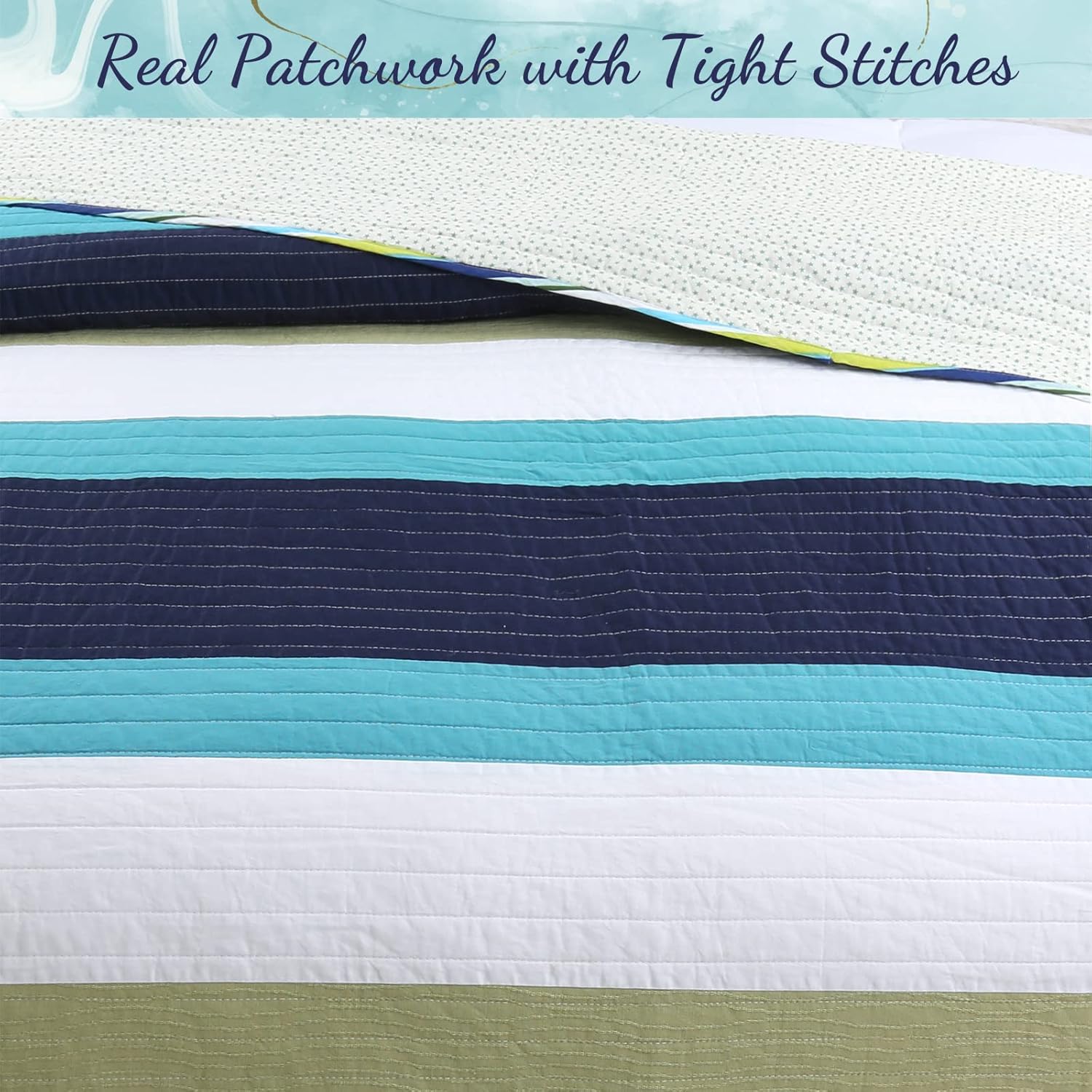 Cozy Line Home Fashions Juego de ropa de cama reversible de 100 % algodón a rayas, color azul marino, verde salvia, para todas las estaciones