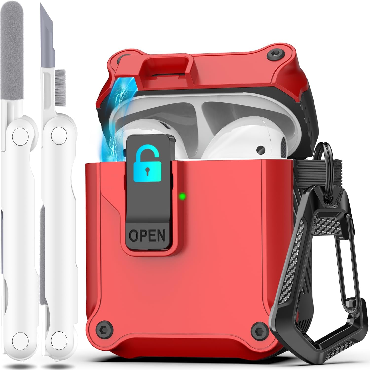 R-fun AirPods de 2 generación y 1 generación con clip de bloqueo seguro automático, carcasa rígida protectora de cuerpo completo para mujeres y