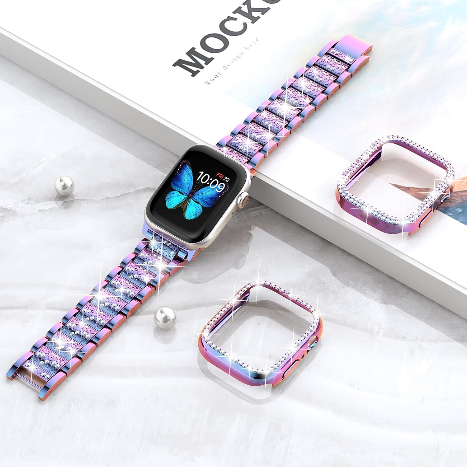 SUPOIX Compatible con Apple Watch Band de 1.92 pulgadas + funda, correa de metal con diamantes brillantes para mujer y paquete de 2 fundas