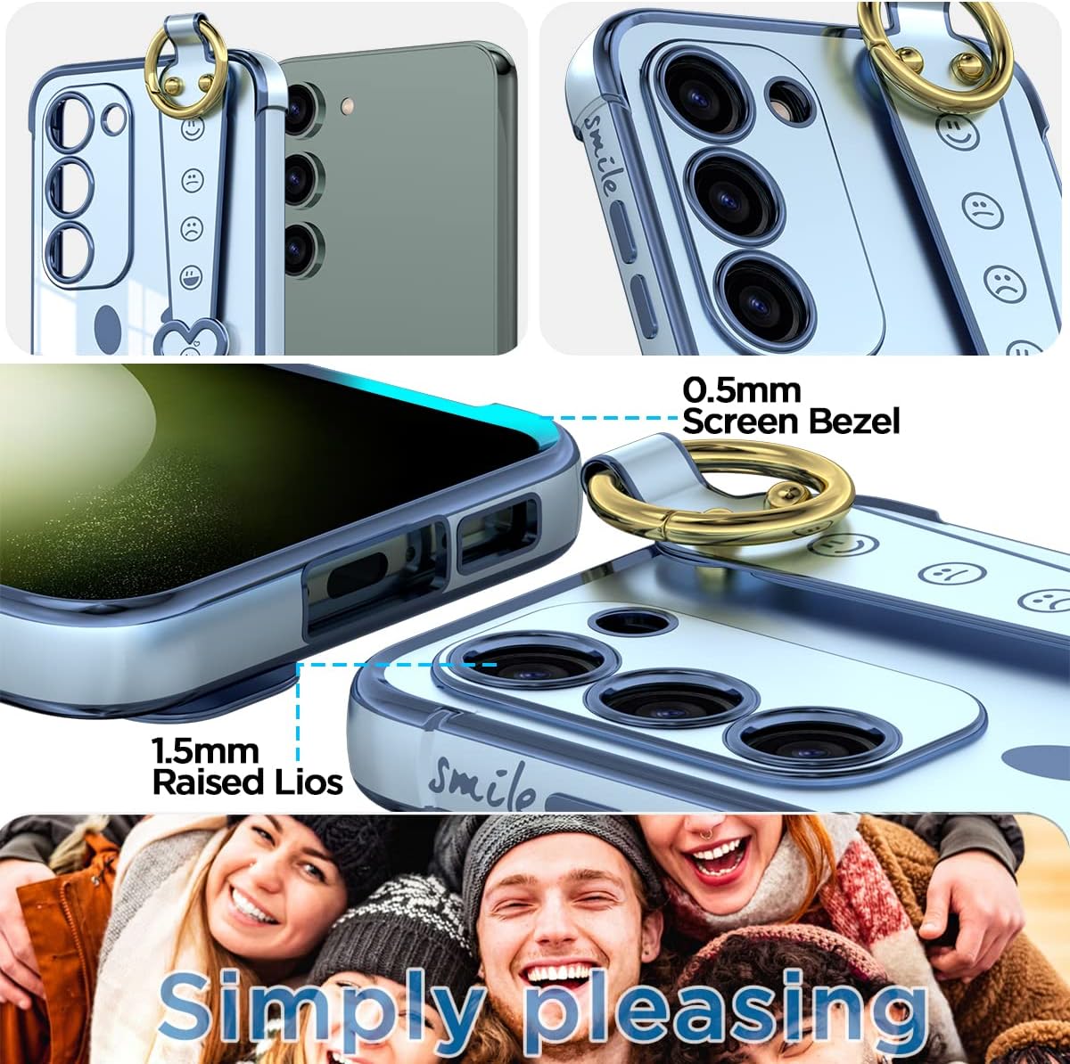 AICase Funda para Samsung Galaxy S23 con protección completa de lente de cámara + correa, cara sonriente chapada con purpurina brillante protección